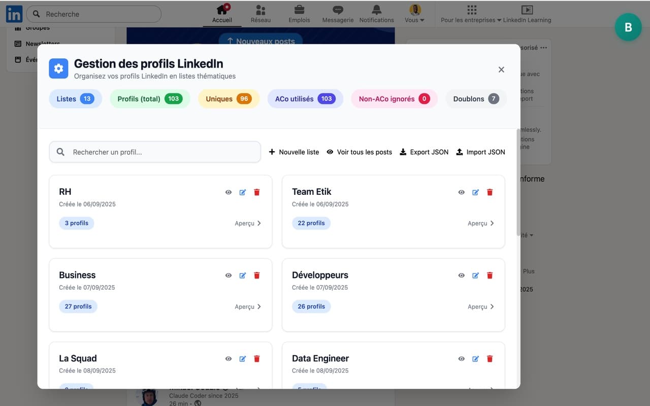 Interface de BarakaPresence - Gestion des profils LinkedIn en listes thématiques